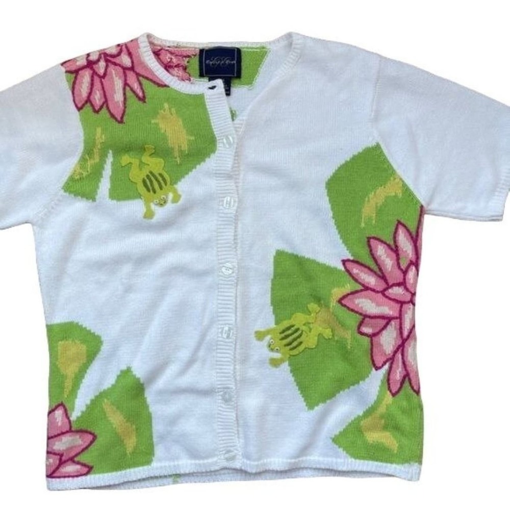Vintage Eagles Eye Cardigan Frog Lily Pad short sleeve Sweater Blouse Medium